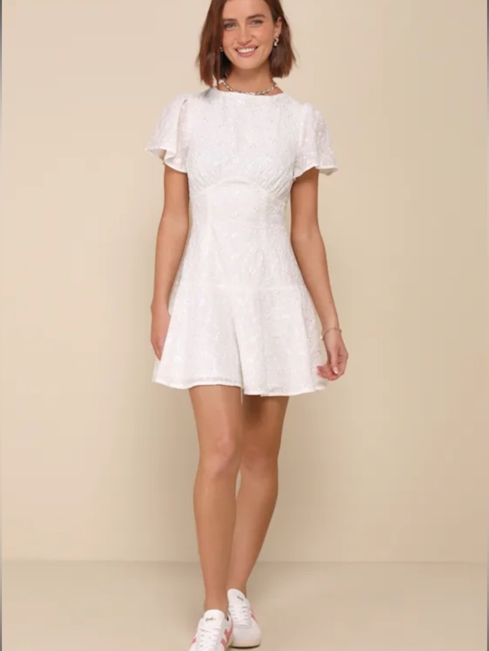 Lulu's Memorably Angelic Ivory Embroidered Flutter Sleeve Mini Dress